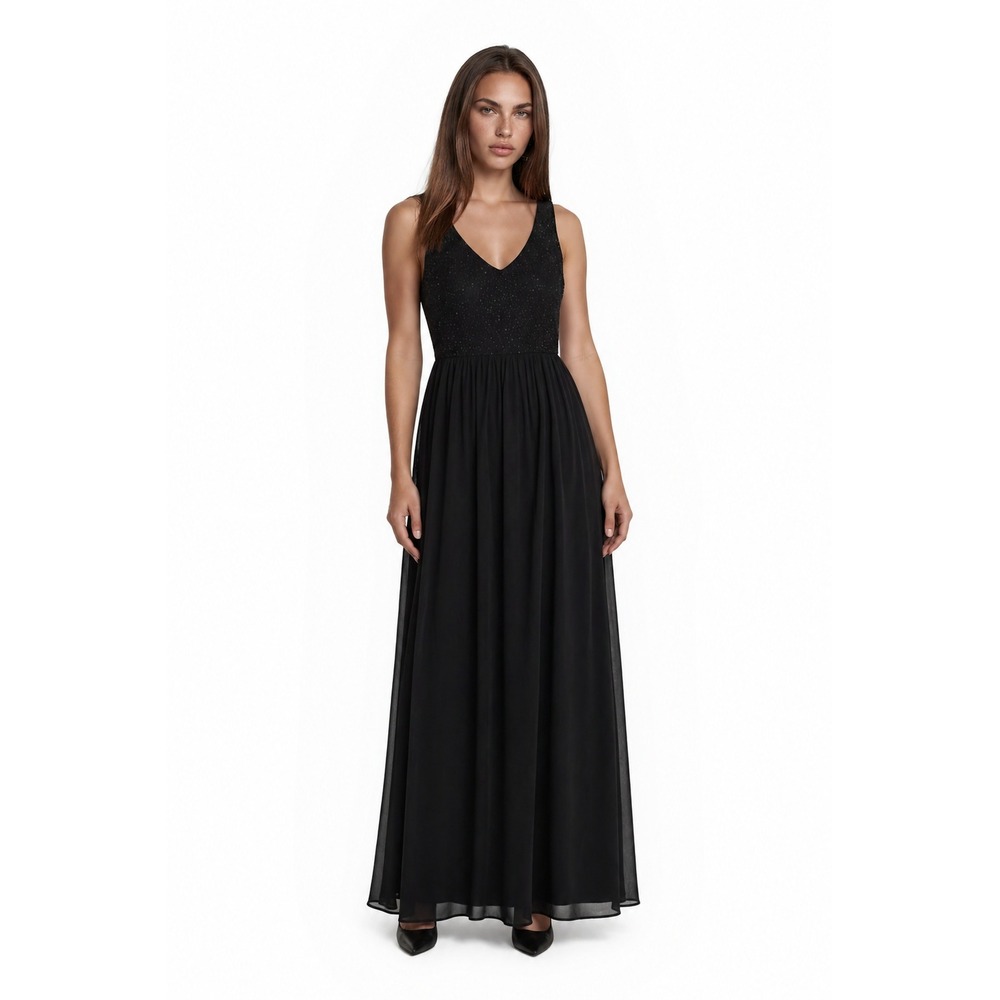 Adrianna Papell Evening Gown Dress‎ Women's Size 14W Black Beaded Chiffon Maxi